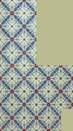 Load image into Gallery viewer, Full image of this shaped floorcloth based on a Christopher Dresser design with an overall diamond pattern and slightly deco elements.