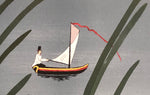 Load image into Gallery viewer, Close up of man -in-a-boat motif - Rufus Porter Floorcloth #1.