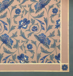 Load image into Gallery viewer, Close up image of floorcloth corner with an all over floral pattern based on a Christopher Dresser pattern.