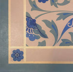 Load image into Gallery viewer, Close up image of floorcloth corner with an all over floral pattern, based on a Christopher Dresser pattern.