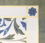 Load image into Gallery viewer, Close up image of floorcloth corner with an all over floral pattern based on a Christopher Dresser pattern.