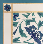 Load image into Gallery viewer, The close-up corner view of this floorcloth with its banded border and floral corner adornments.