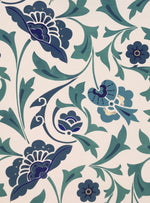 Load image into Gallery viewer, A close up of the all-over-floral pattern on this floorcloth with its whimsical flowers and leaves and lovely hues of blues and green.