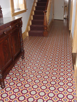 Load image into Gallery viewer, An in-situ image of The Field House Floorcloth #1 installed wall-to-wall at the entry of the museum.