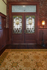 Load image into Gallery viewer, In-situ image of this floorcloth, based on a design by Christopher Dresser. Photo by Sally Painter.