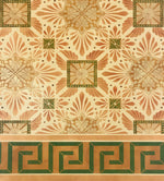 Load image into Gallery viewer, Close up of this floorcloth’s deco center motifs, based on a design by Christopher Dresser.  The border employs a Greek Key design.