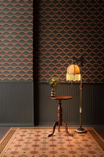 Load image into Gallery viewer, An in-situ image of the Greek Deco #3 floorcloth against the backdrop of Lonesome Pictopia's Chanterelles wallpaper in their Monte Carlo colorway. Styling: Tashina Hill Photos: Melanie Nead