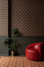 Load image into Gallery viewer, An in-situ image of the Greek Deco #3 floorcloth against the backdrop of Lonesome Pictopia's Chanterelles wallpaper in their Monte Carlo colorway. Styling: Tashina Hill Photos: Melanie Nead