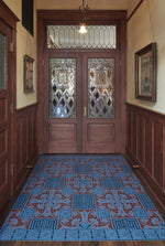 Load image into Gallery viewer, In-Situ image of this floocloth based on a Christopher Dresser pattern with Greek Key and Fleur de lis elements. Photo by Sally Painter.