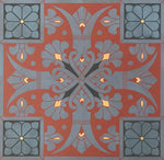 Load image into Gallery viewer, Close up of elements of this floorcloth including charming fleur de lis and floral motifs.