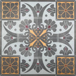Load image into Gallery viewer, Close up of elements of this floorcloth including charming fleur de lis and floral motifs.