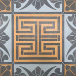Load image into Gallery viewer, A close up of the Greek Key motif in this floorcloth.