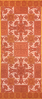 Load image into Gallery viewer, Full image of this floorcloth based on a Christopher Dresser pattern in pink, copper and gold tones.