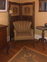 Load image into Gallery viewer, An in-situ image of Greek Key Floorcloth #4 showing the flute-backed chair which is complimented by the floorcloth corner motif and the shape of the corner picks up on the frame of the wall mirror.