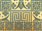 Load image into Gallery viewer, A close up image of the interior pattern meeting the floral border of Greek Key Floorcloth #4.