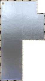 Load image into Gallery viewer, Backside of this shaped floorcloth showing waterproof fabric adhered to hem, with a layer of carpet padding underneath the fabric layer.