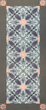 Load image into Gallery viewer, Full image of this floorcloth based on a Christopher Dresser pattern. THe palette employs compatible blue, purple, silver and pink.