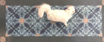 Load image into Gallery viewer, A full image of our Greek Windmill Floorcloth #4 with Opal providing scale.