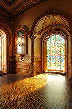 Load image into Gallery viewer, Another view of the floorcloth, in-situ, in the dining room of the Hay House in Macon, Georgia.
