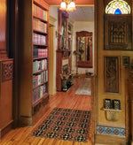 Load image into Gallery viewer, An in-situ image of Hay House Floorcloth #6 from the Gothic Library, looking into the dining room.