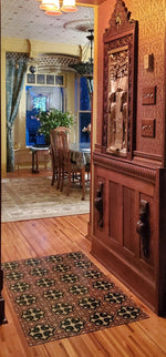 Load image into Gallery viewer, Another in-situ image of Hay House Floorcloth #6, showing more of the lovely Aesthetic era dining room.