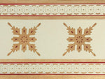 Load image into Gallery viewer, Close up of the border of this floorcloth showing the border which is a combination of elements from the interior motifs, lines and a complimentary circle and dot pattern.