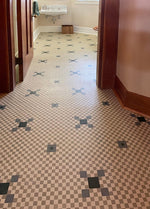 Load image into Gallery viewer, Another in-situ photo of the Hindry Linoleum Floorcloth #3 installed wall-to-wall.
