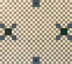 Load image into Gallery viewer, A close up of this floorcloth based on an original linoleum pattern with seven diamonds between elements and the patten on the square.