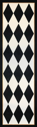 Load image into Gallery viewer, The full image of this traditional floorcloth which employs a classic harlequin pattern of elongated diamonds in cream and black.