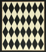 Load image into Gallery viewer, Full image of this 5'3" x 6' harlequin patterned floorcloth in a soft yellow-white and charcoal colorway.