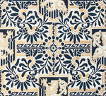 Load image into Gallery viewer, A close up of the pattern for this floorcloth featuring a lion in shield with floral and Greek Key elements.