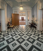 Load image into Gallery viewer, In-situ image of Melrose Floorcloth #1, installed.