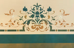 Load image into Gallery viewer, A close up of the side/border of this floorcloth, showing the scrolls and floral elements that make up this victorian ceiling design which works well as a floorcloth design.