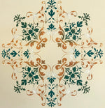 Load image into Gallery viewer, A close up of the center medallion on this floorcloth, the overall design being based on a victorian ceiling pattern.