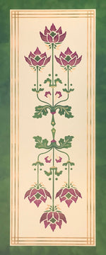 Load image into Gallery viewer, Full image of this floorcloth based on Christopher Dresser's Poppy motif from "Studies in Design" c. 1875.