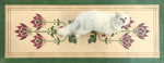 Load image into Gallery viewer, A full image of our Poppy Floorcloth with Opal providing scale.