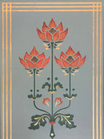 Load image into Gallery viewer, A closeup image of the floral detail on this floorcloth, based on Christopher Dresser's Poppy design.