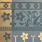 Load image into Gallery viewer, A close-up of the corner of this floorcloth with its stylized floral motifs.