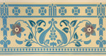 Load image into Gallery viewer, A close up of the border of this floorcloth with a pattern based on a Christopher Dresser design, c. 1875. The leaves have been highlighted in a darker blue and the center of the flowers are highlighted in a mix of gold and red.
