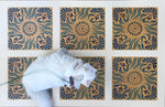 Load image into Gallery viewer, A full image of our Thistle Tile Floorcloth  with Opal providing scale.