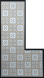 Load image into Gallery viewer, Full image of this shaped floorcloth based on a rare geometric Christopher Dresser design.