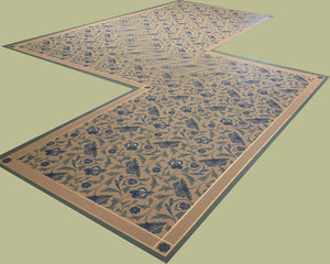 Full image of this shaped floorcloth with an all over floral pattern based on a Christopher Dresser pattern.