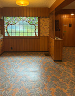 Load image into Gallery viewer, Chamber House Floorcloth #2 installed!! in the Dining Room.  How about that stained glass window?
