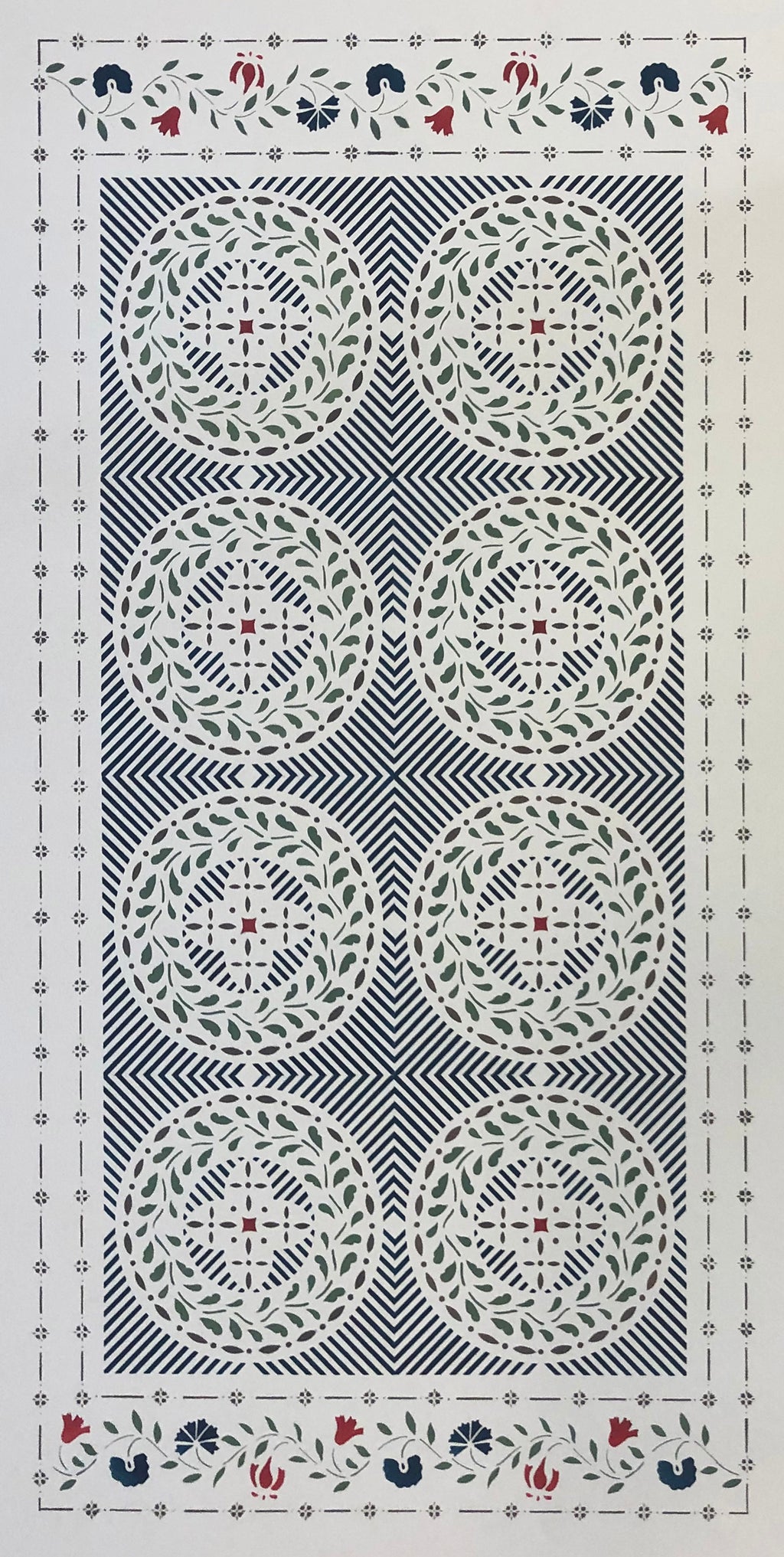 Full image of Edward Durant Floorcloth #2.  This pattern was found in the Edward Durant House, c. 1734, in Newton MA.