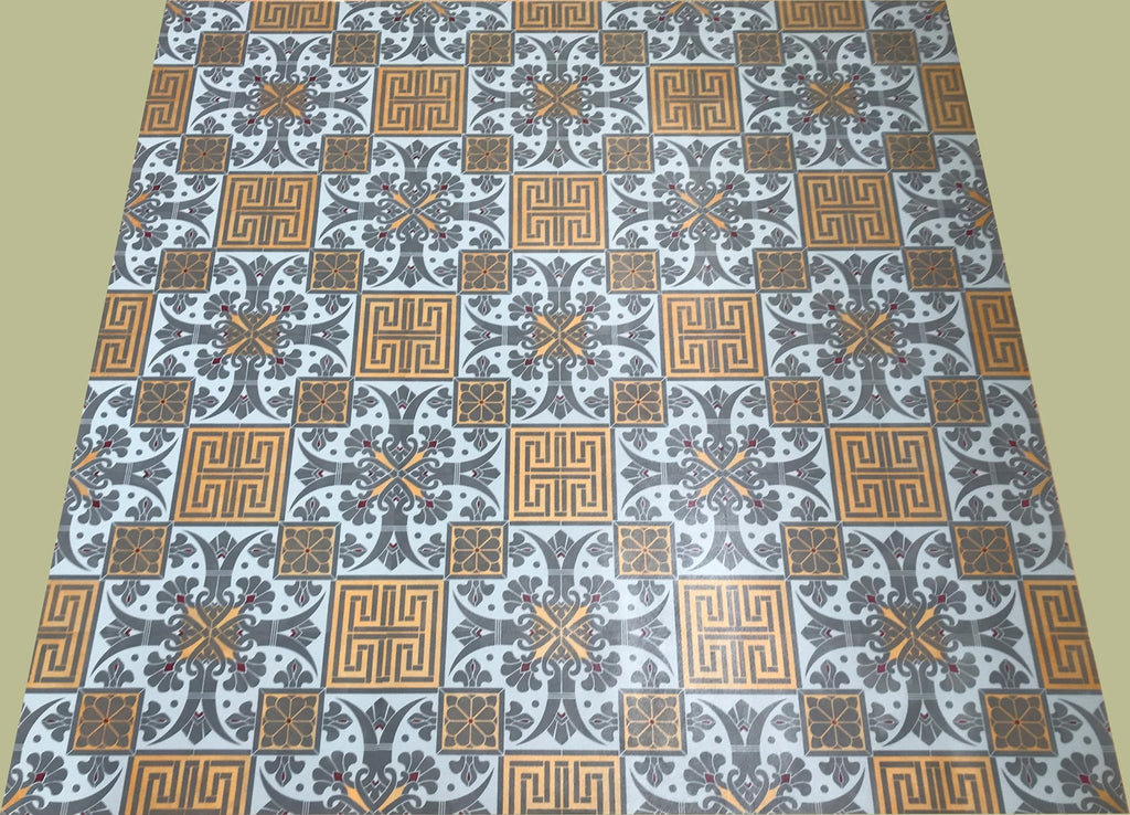 Full image of this floorcloth with a Greek Key design based on a Christopher Dresser pattern.