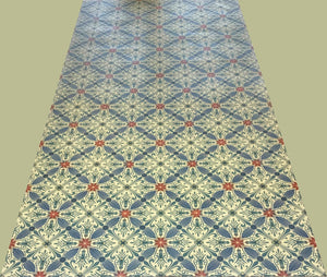 Full image of this floorcloth based on a Christopher Dresser design with an overall diamond pattern and slightly deco elements.