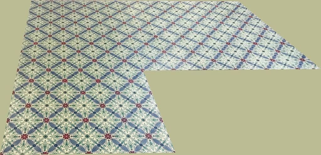 Full image of this floorcloth based on a Christopher Dresser design with an overall diamond pattern and slightly deco elements. This floorcloth was shaped to fit the room in which it resides.