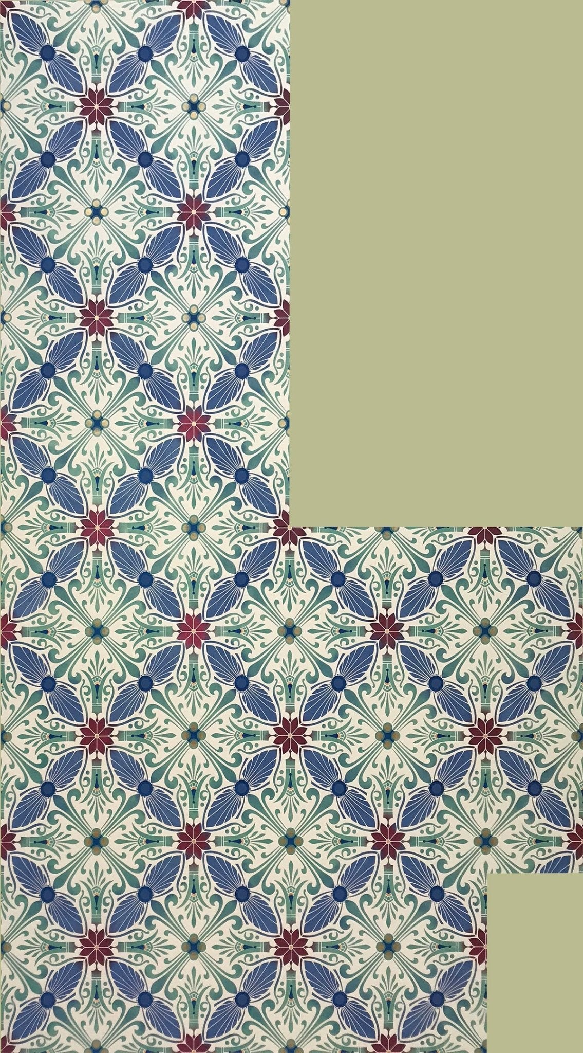 Full image of this shaped floorcloth based on a Christopher Dresser design with an overall diamond pattern and slightly deco elements.