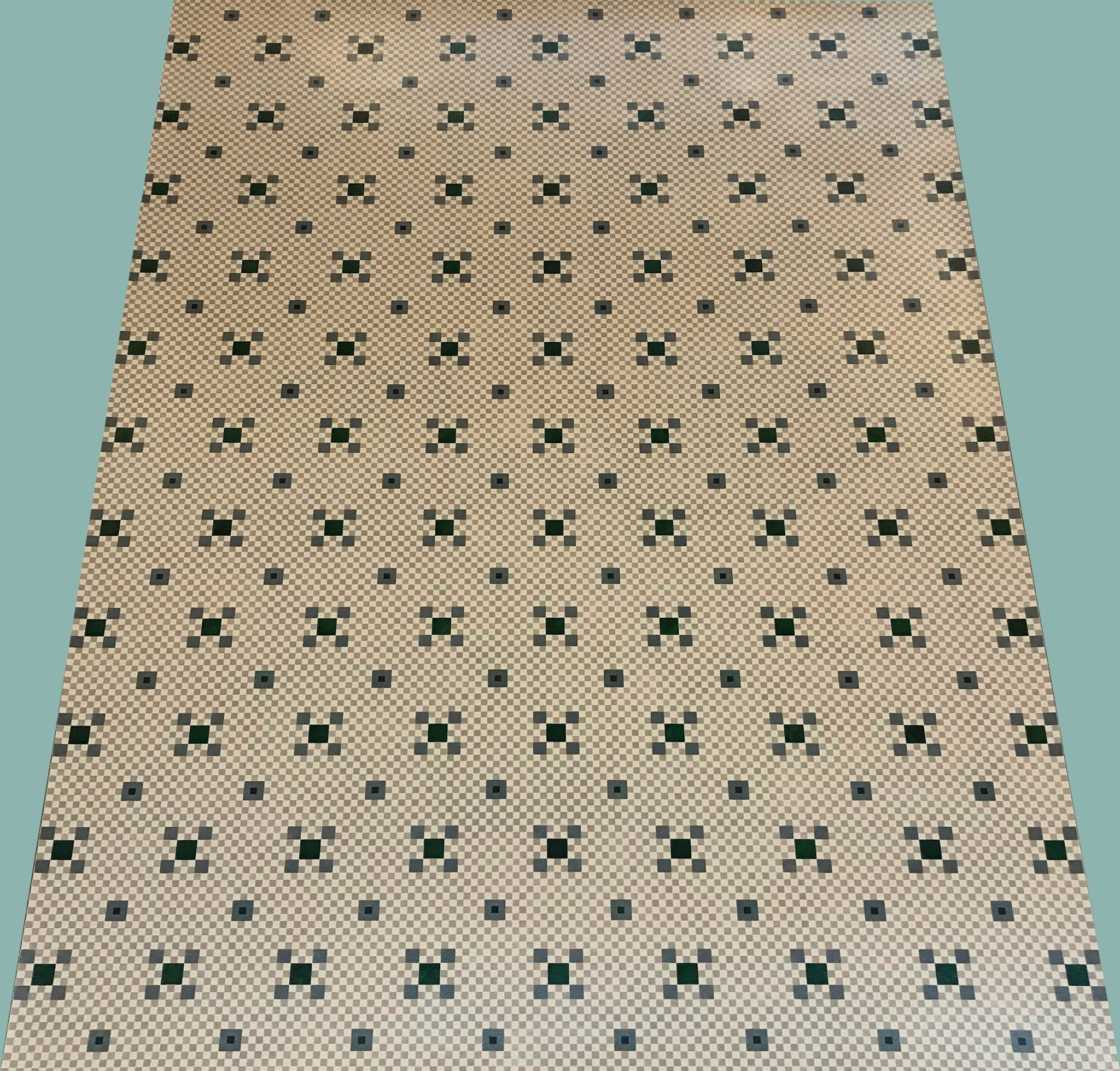 This floorcloth is based on an original linoleum pattern although the spacing between motifs is four diamonds vs. seven. 