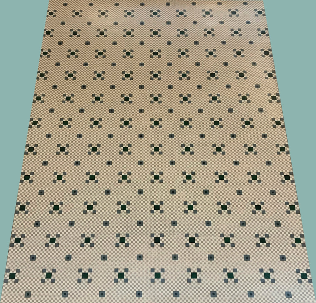 This floorcloth is based on an original linoleum pattern although the spacing between motifs is four diamonds vs. seven. 